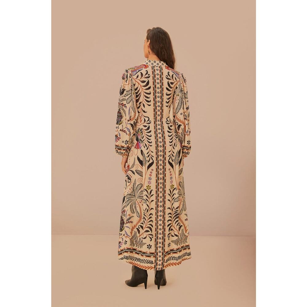 FARM Rio Botanical Print Long Sleeve V-Neck Maxi Dress Classic Nature Sand Large - Picture 4 of 8